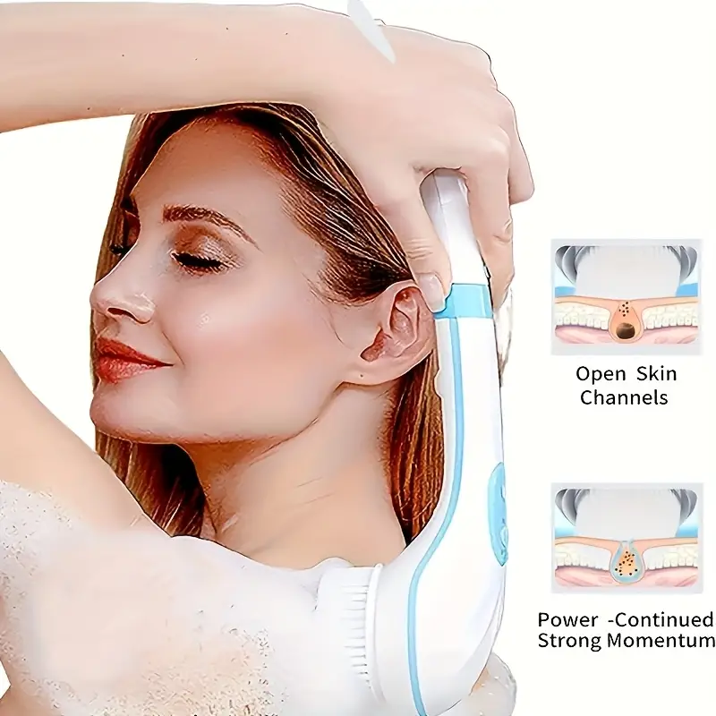 1pc fully automatic electric shower brush with five brush heads handheld massage body brush lazy back scrubber back with long handle formaldehyde free spa exfoliating scrub for back and full body cleansing Product details 0