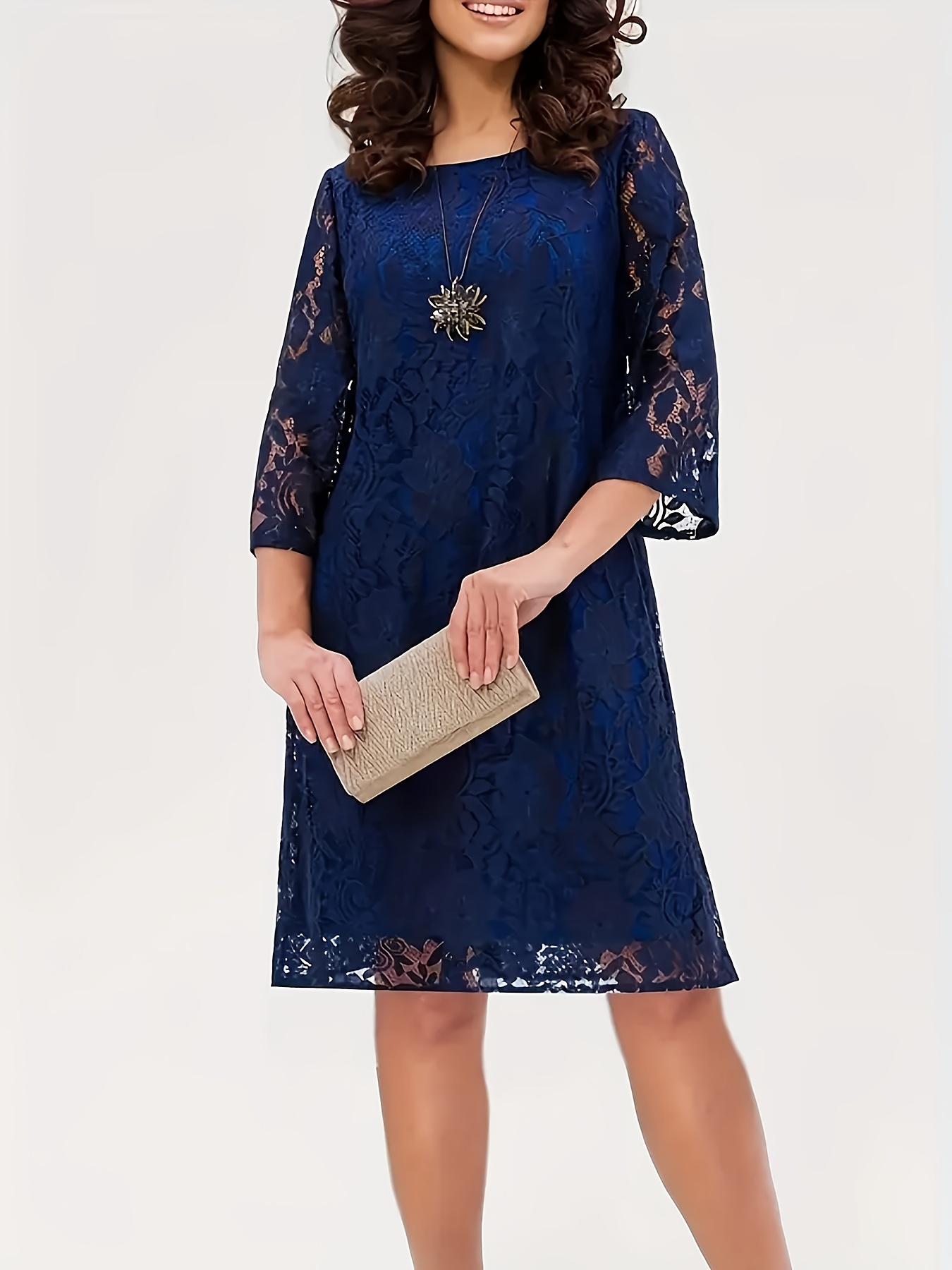 elegant navy blue white contrast lace midi dress floral Temu Oman