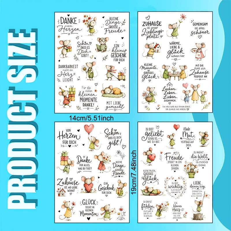 TEMU 4pcs Little Mouse German Style Vinyl Uv Dtf Transfer Paper - Suitable For Diy Crafts, Mugs, Laptops, And Water Bottles, Self-adhesive Plastic
