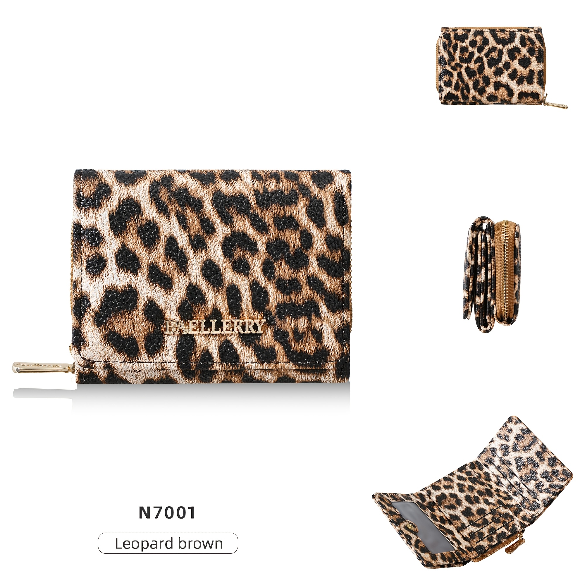TEMU 1 Stück Trendige Leopard Print Trifold Damen Kurz Geldbörse, 7 Kartenfächer mit Transparentem ID-Fenster und Reißverschluss Münzfach, Tragbare