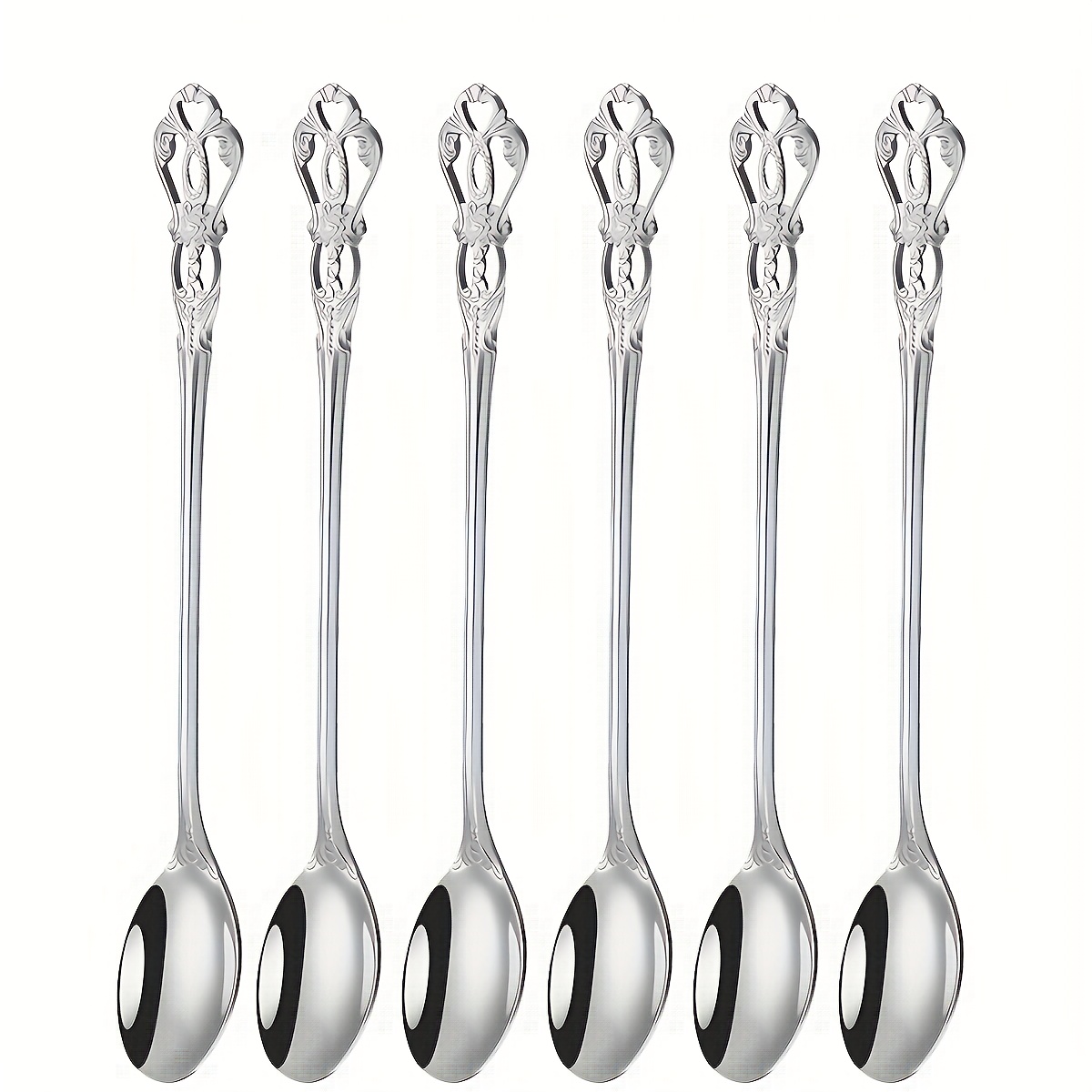 TEMU Set Of 6 Luxurious 7-inch Long Iced Tea Spoons - Exquisite Design With Mirror-polished End - Vintage Coffee Spoons With Creative Long Handles,