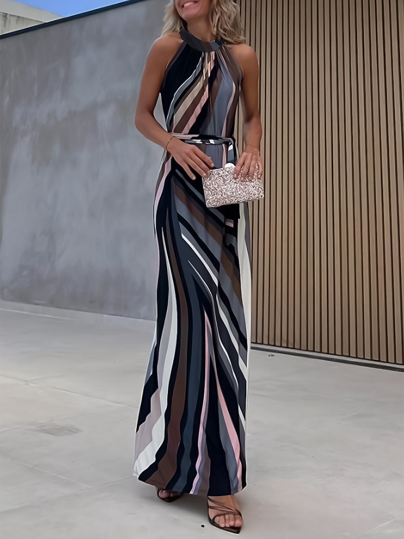 sleeveless maxi dress irregular striped print belted fitted - Temu