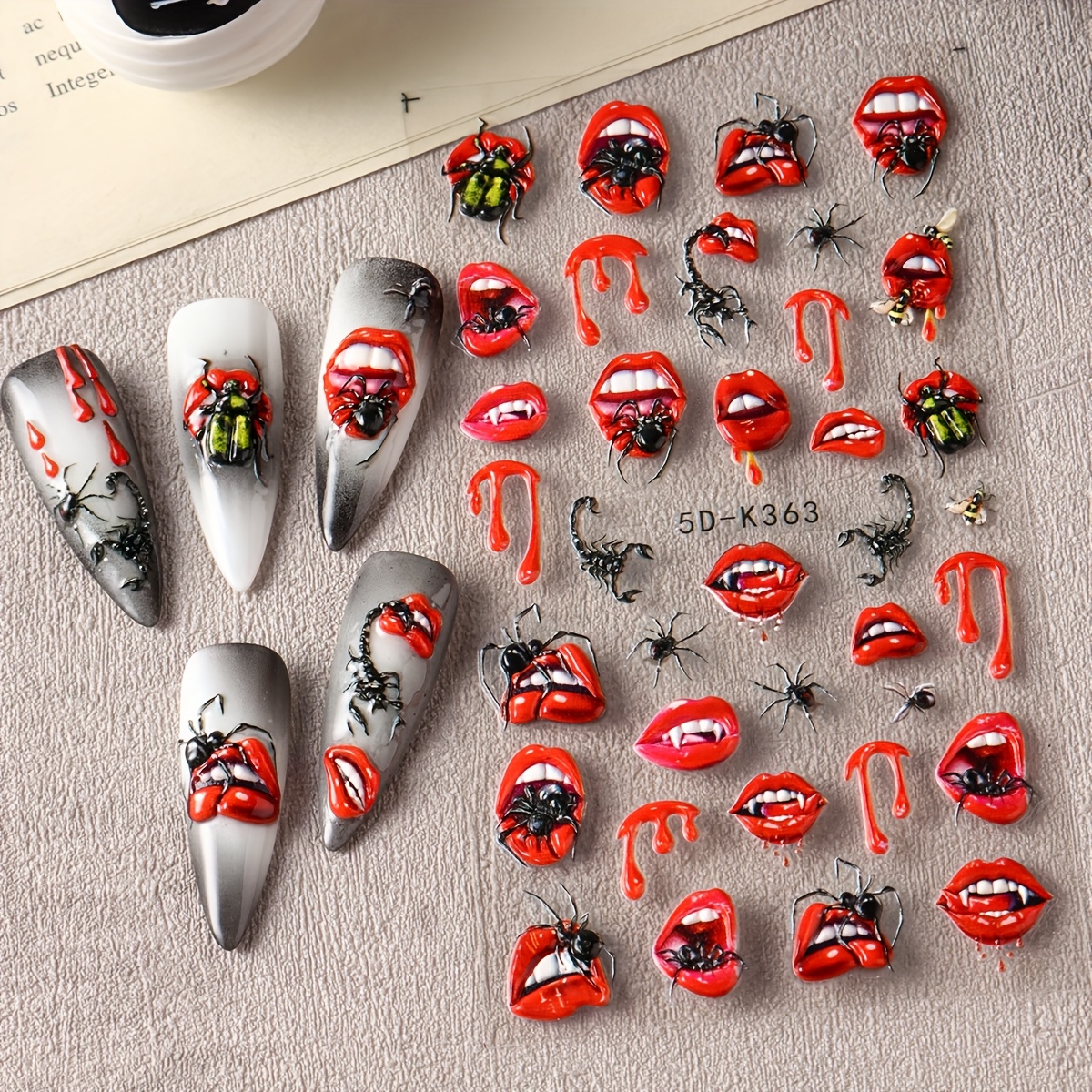 Halloween Nail Art Stickers Lips Design Self Adhesive Decals Centipede Patteren Slider Y2k Style Festive Manicure French Nail Art Decoration