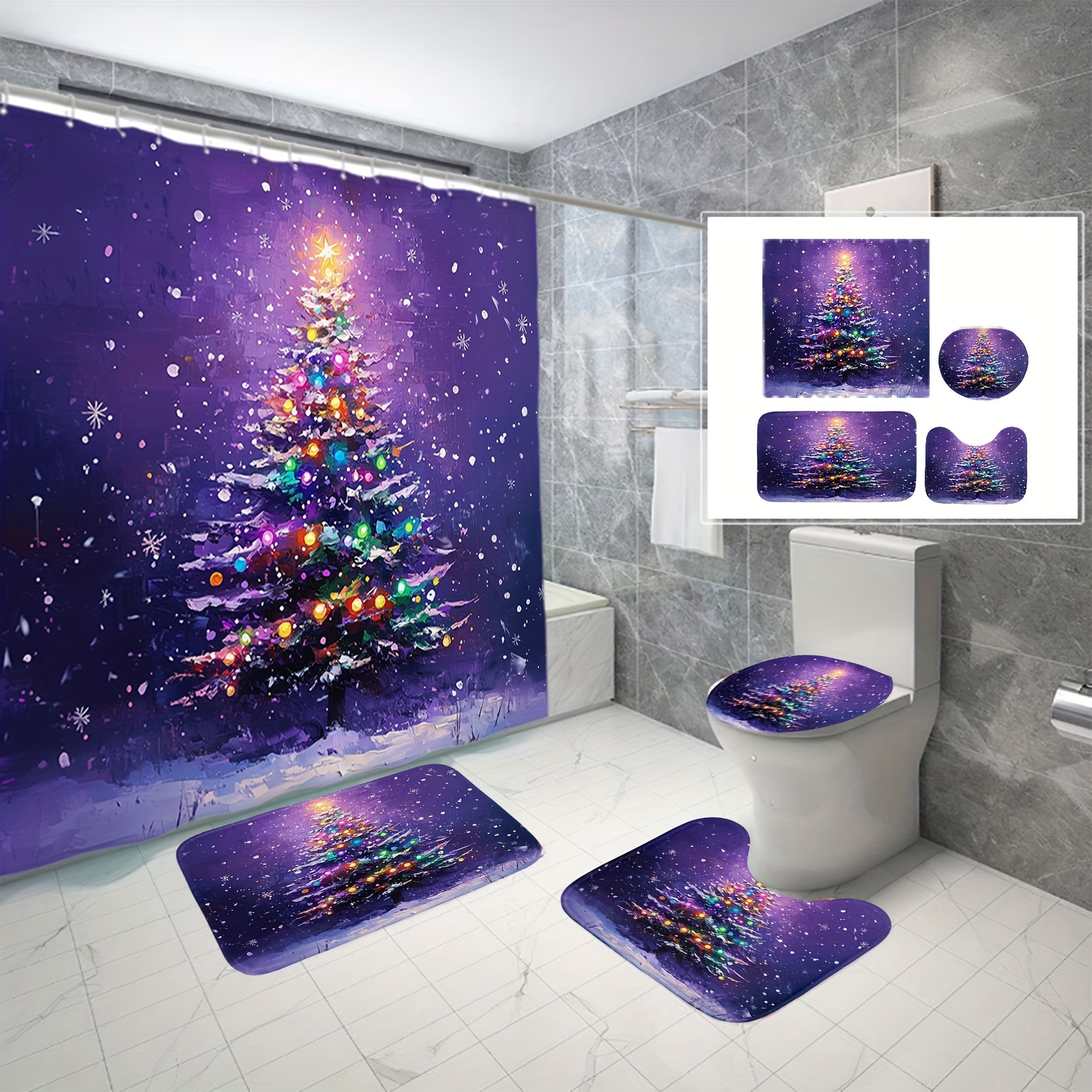 

1/3/4pcs Christmas Glowing Christmas Tree Purple , Patterned Shower Curtain, Polyester , Showercutains For Walkinshowers 12 , Bathroom Mat, Mat And U-shaped Mat