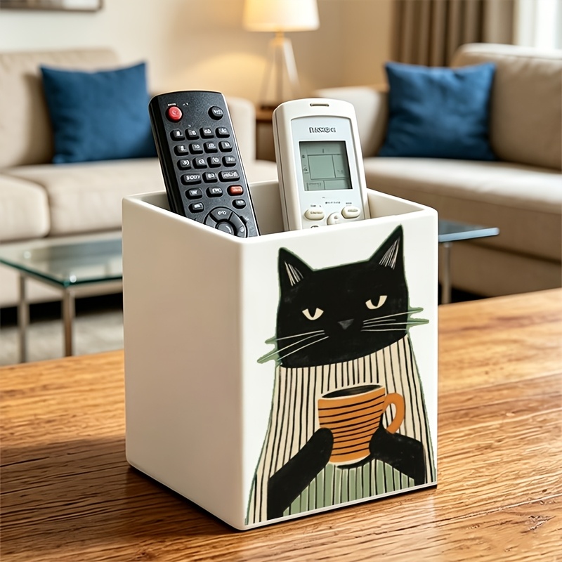TEMU 1pc Lazy Cool Black Cat Illustration Multi-functional Storage Cylinder, Compact Space-saving Organizer, Desktop Shelf, Desktop Pen Holder,