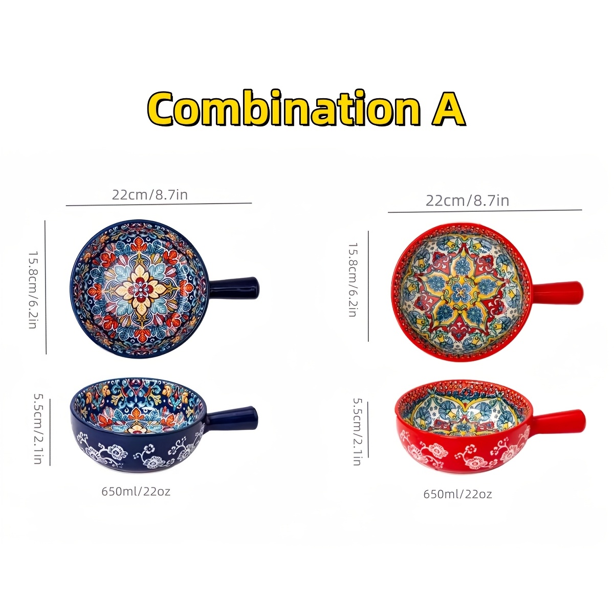 Image of 2pcs Bohemian Ceramic Salad Bowls With Handles, 8.7 Inch Round Microwave Safe Serving Dishes For Baking And Serving