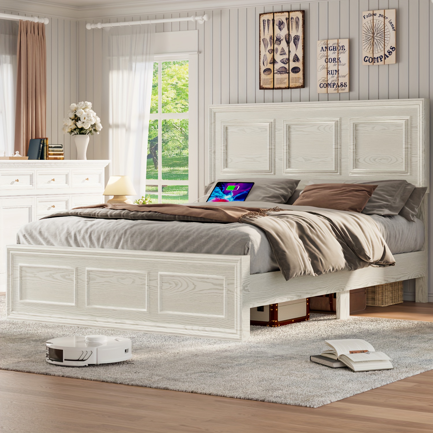 Brown and White Farmhouse Style Platform Bed Frame with Height Adjustable Headboard
