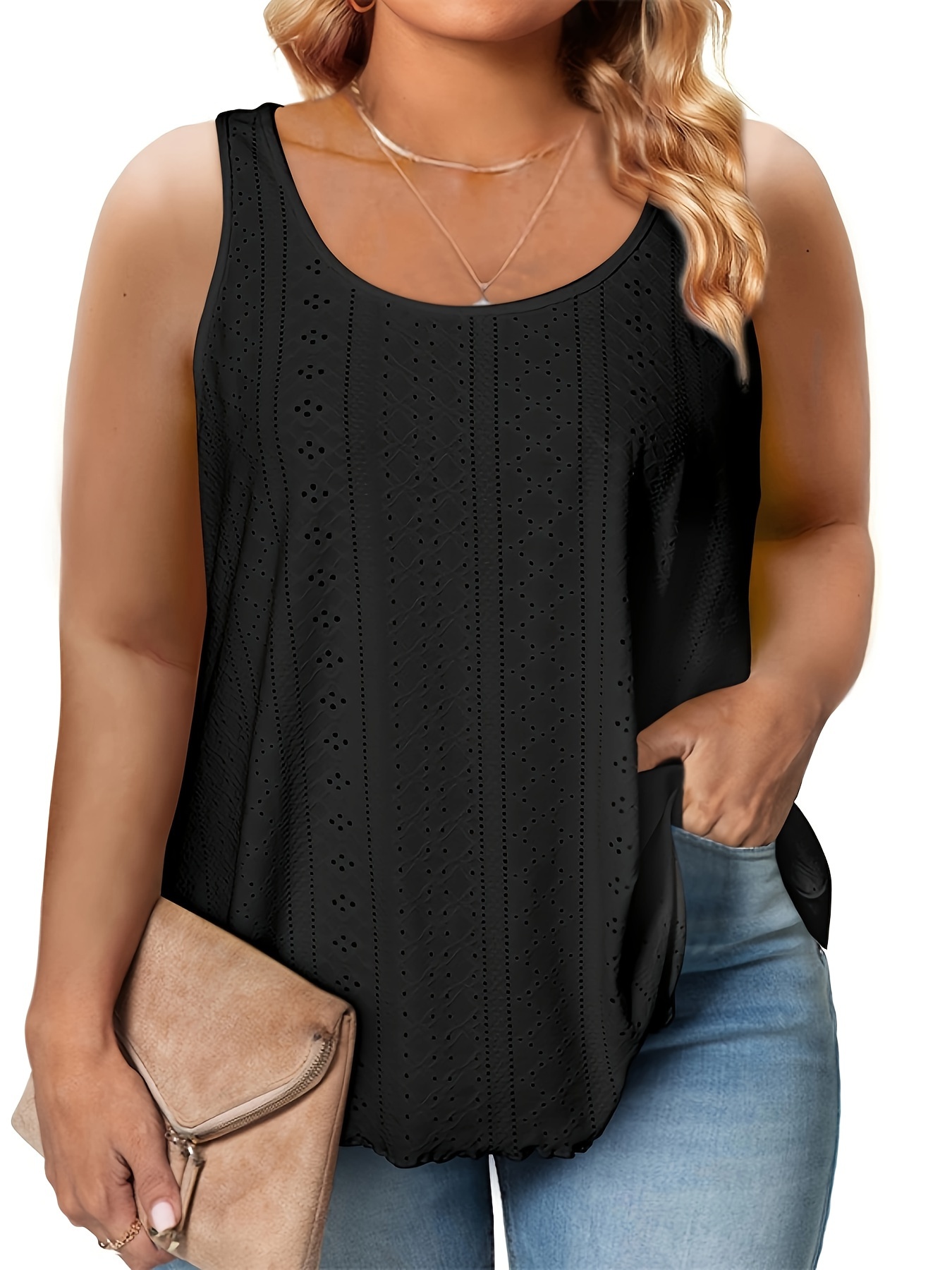 Plus Size Curved Hem Tank Top, Casual Crew Neck Sleeveless Tank Top For Summer, Women's Plus Size?Clothing
