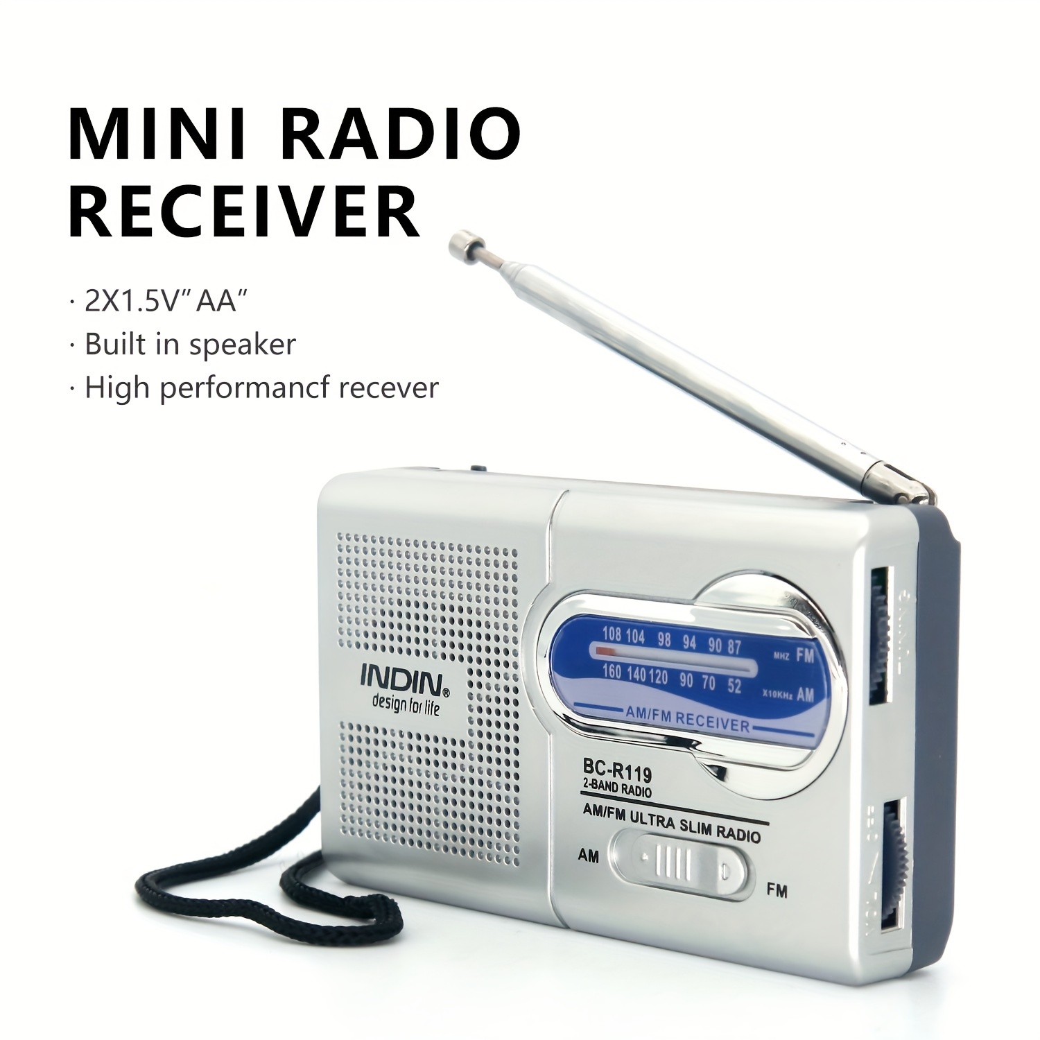   bc r119 am fm ultra slim radio portable dual band battery operated mini pocket radio with built in speaker and telescopic antenna details 4