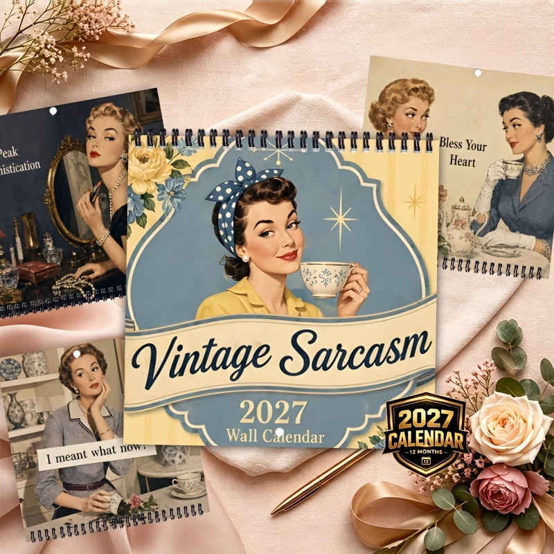 TEMU Calendrier mural 2027, 1pc Calendrier mural satirique rétro 2027, Calendrier mensuel 12 mois, Reliure spirale individuelle, Blocs d'écriture,