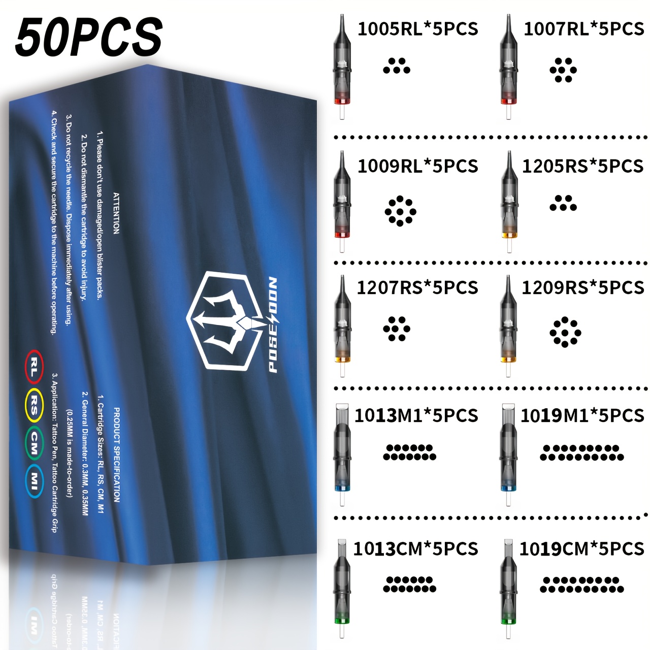 Image of Poseidon V2 Tattoo Cartridge Needles 50pcs Assorted Mixed Size Round Liner Shader Curved/round 5rl 7rl 9rl 5rs 7rs 9rs 13m1 19m1 13cm 19cm Disposable Tattoo Needles