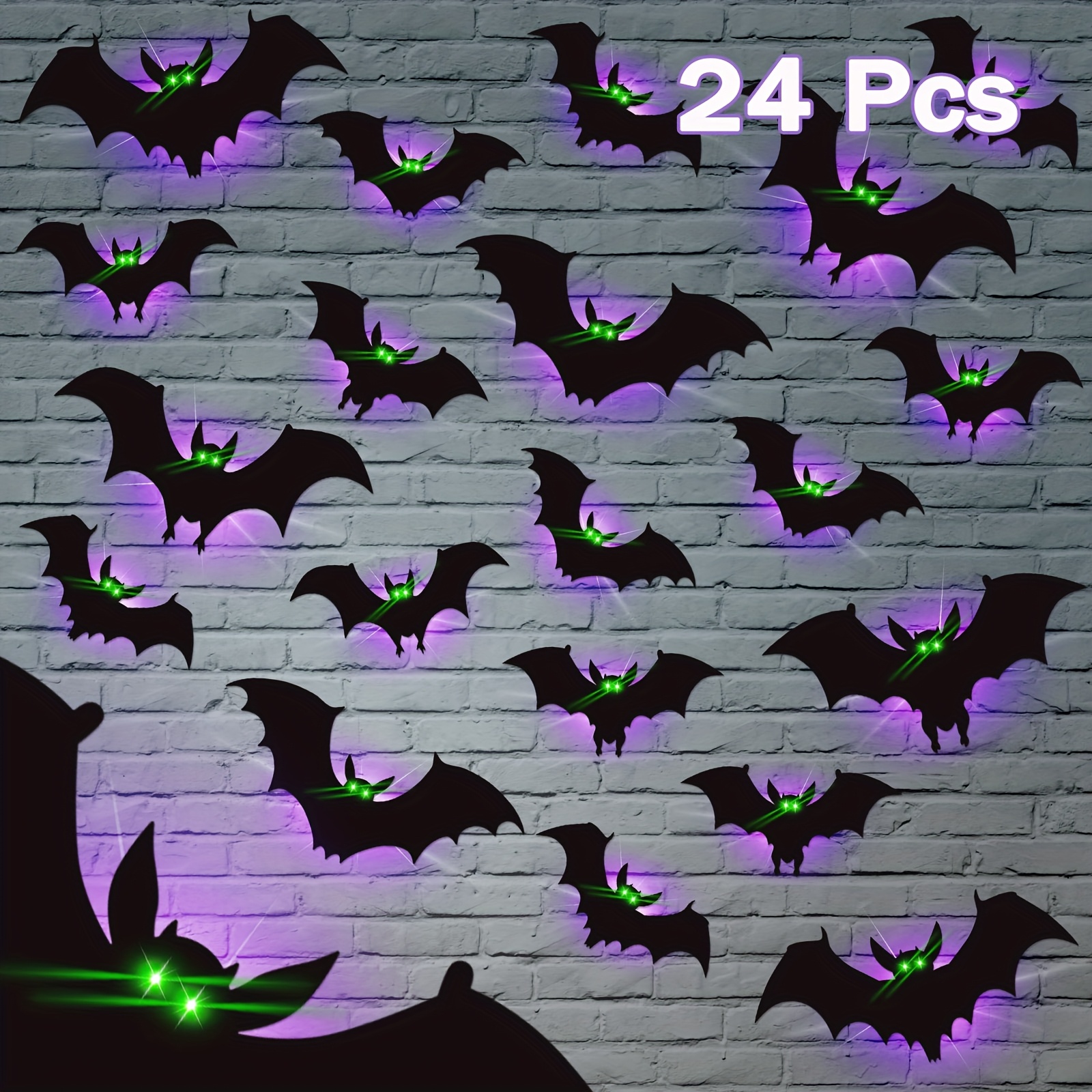 TEMU [3d] 24pcs Halloween Outdoor Wall Decor - Scary Bat With Glowing Eyes, 4 Different Styles, Plastic Scary Gothic Wall Stickers, Suitable For