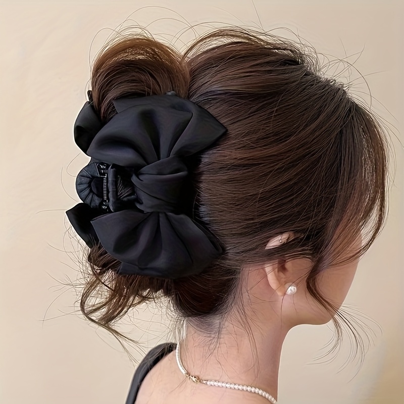 Image of Black Coffee-colored Temperament Large Satin Bow Hair Claw Clip Female High-end Hair Clip Back Of Head Updo Shark Clip Headwear