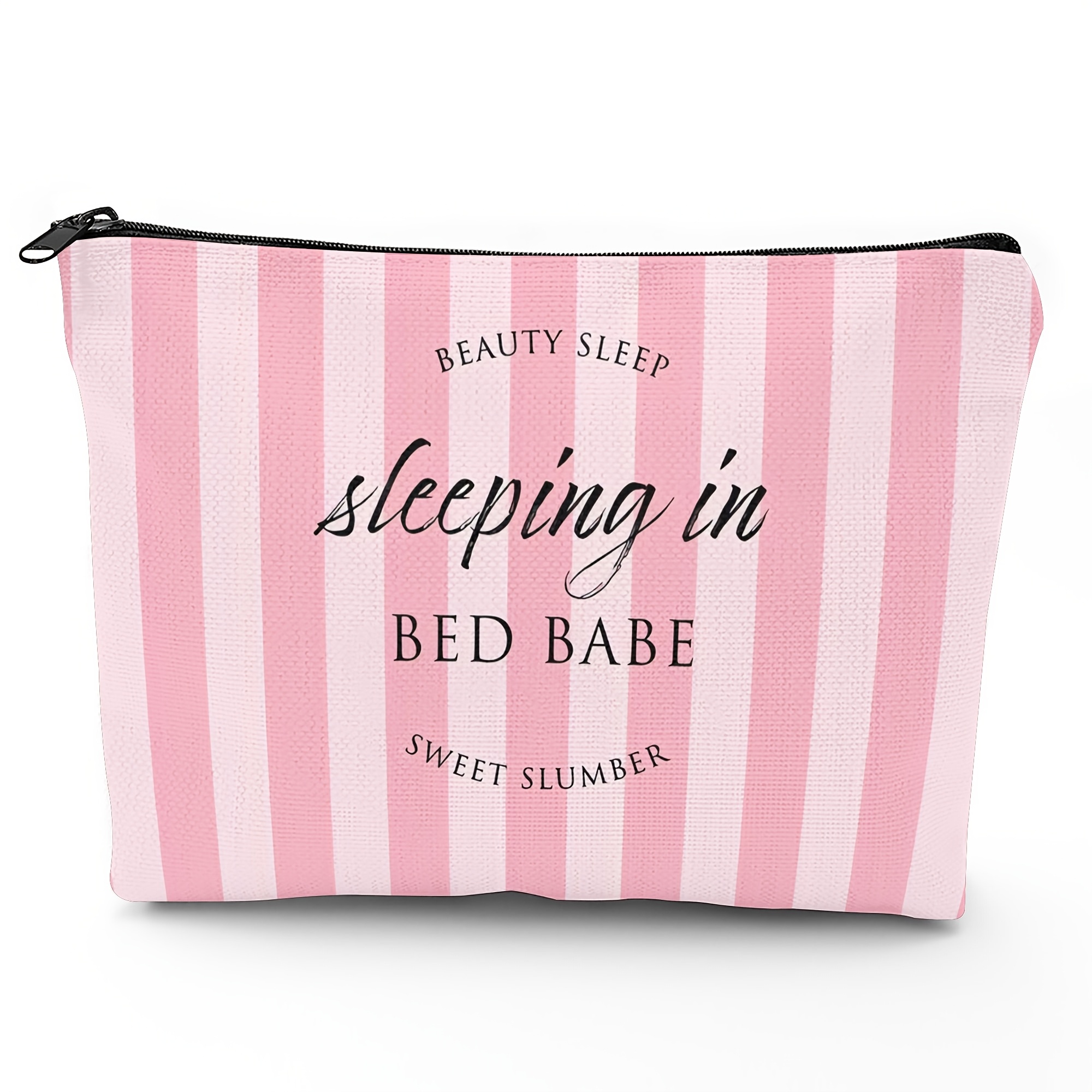 TEMU 2D Platte Roze en Wit Gestreepte Make-up Tas met Lipstick en Kwast Print - Draagbare Beauty Organizer voor Lipsticks, Kwasten, Lipgloss, Compact