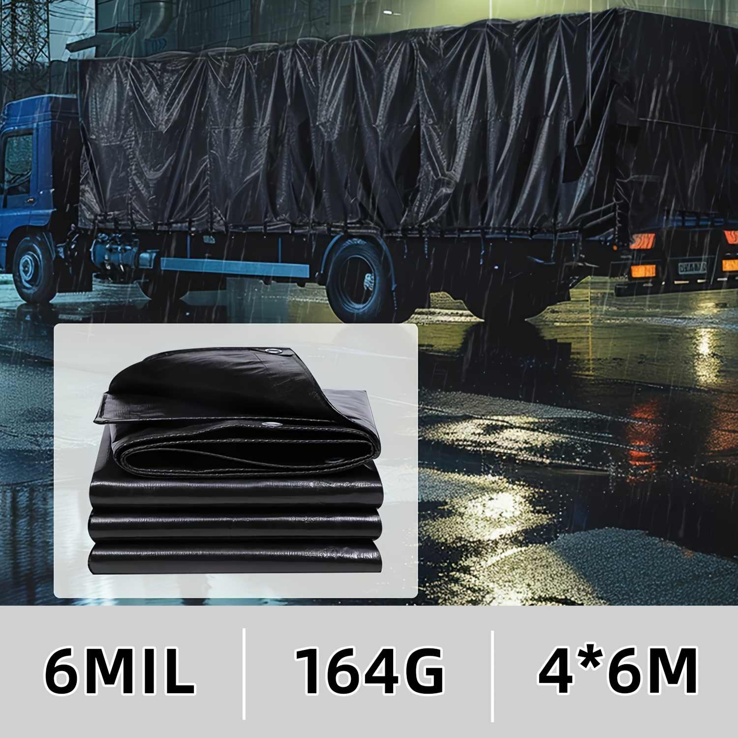 Image of Black Waterproof Tarp-durable, Leak-proof, And Rain-resistant; Features Metal Grommets 2ft (0.61m) Apart. Suitable For Construction, Roof Covering, Equipment Storage, Flatbed Trucks, And Outdoor Use.