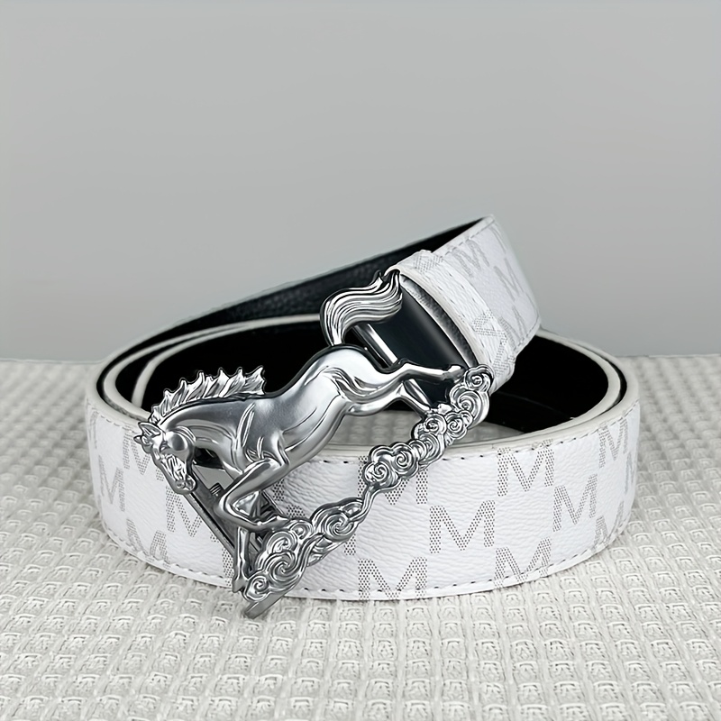 TEMU Men's And Women's Letter Embossed Belts, Trendy And Fashionable, Featuring A Horse Racing Cloud Relief Alloy Automatic In Golden, Black, And