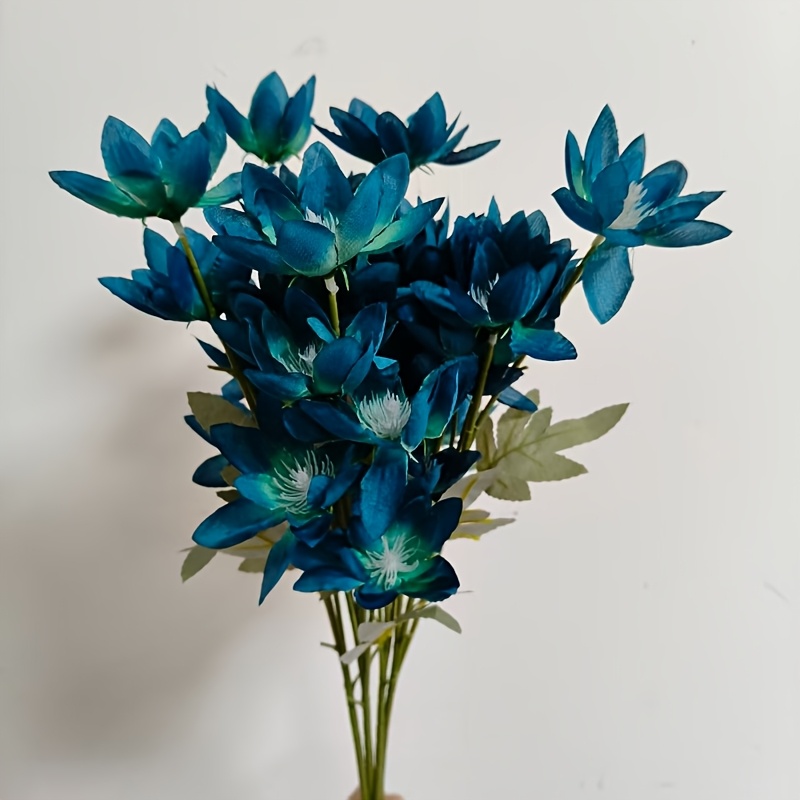 TEMU 3pcs Artificial For Lotus Flower Bouquet Set - Turquoise To Navy Blue Ombre Realistic -like Microfiber Stems With Layered Petals, Lifelike