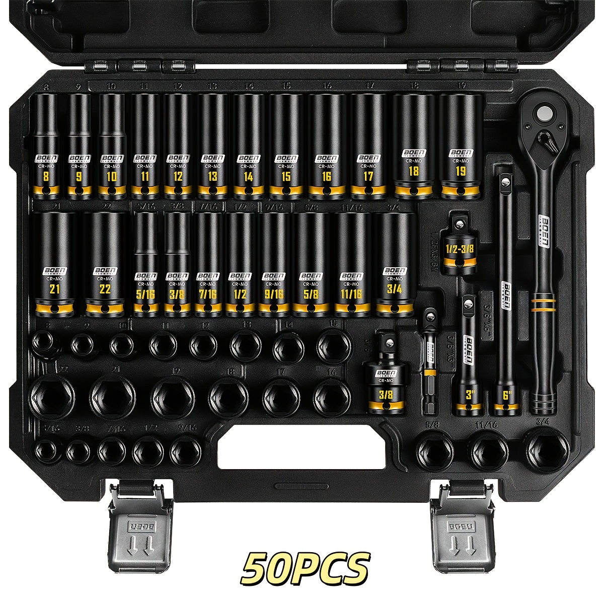 Image of 50pcs 3/8" Drive Impact Socket Set, Sae 5/16"-3/4"+metric 8-22mm Deep & Shallow Socket Combination, 6 Point Cr-mo Alloy Steel For Auto Repair, Yellow Laser Size