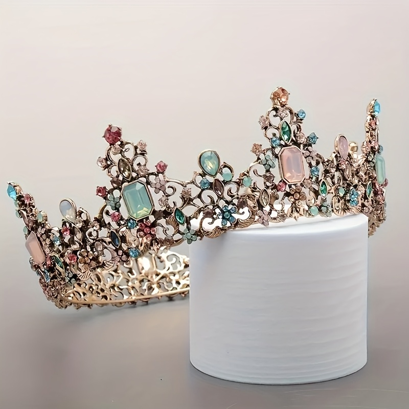 TEMU Vintage Style Colorful Rhinestone Bridal Crown, Round Royal Headpiece Wedding Additions, Alloy, Hair Additions