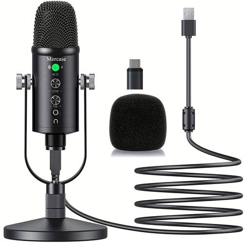 usb full metal noise canceling microphone for podcasting streaming recording on 5 quick mute metal stand with 360 rotation