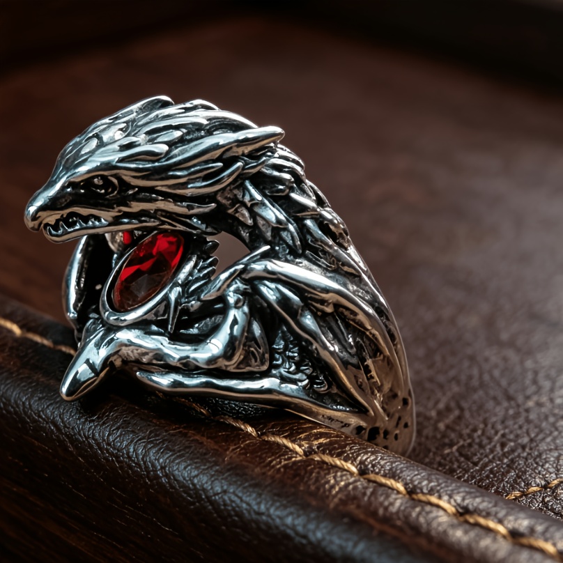 TEMU 1pc Bague Main, Gothique Tête de Dragon Sculptée Bande pour Hommes, Argent Antique Plaqué Alliage Incrusté de Verre Rouge, Bijou Rétro Échelle