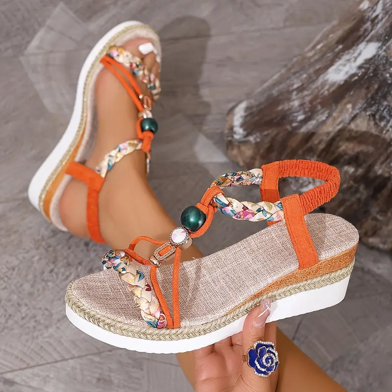 zm bohemian style thick sole heightening elegant and comfortable classic lightweight breathable casual braided elastic wedge sandals Product details 4