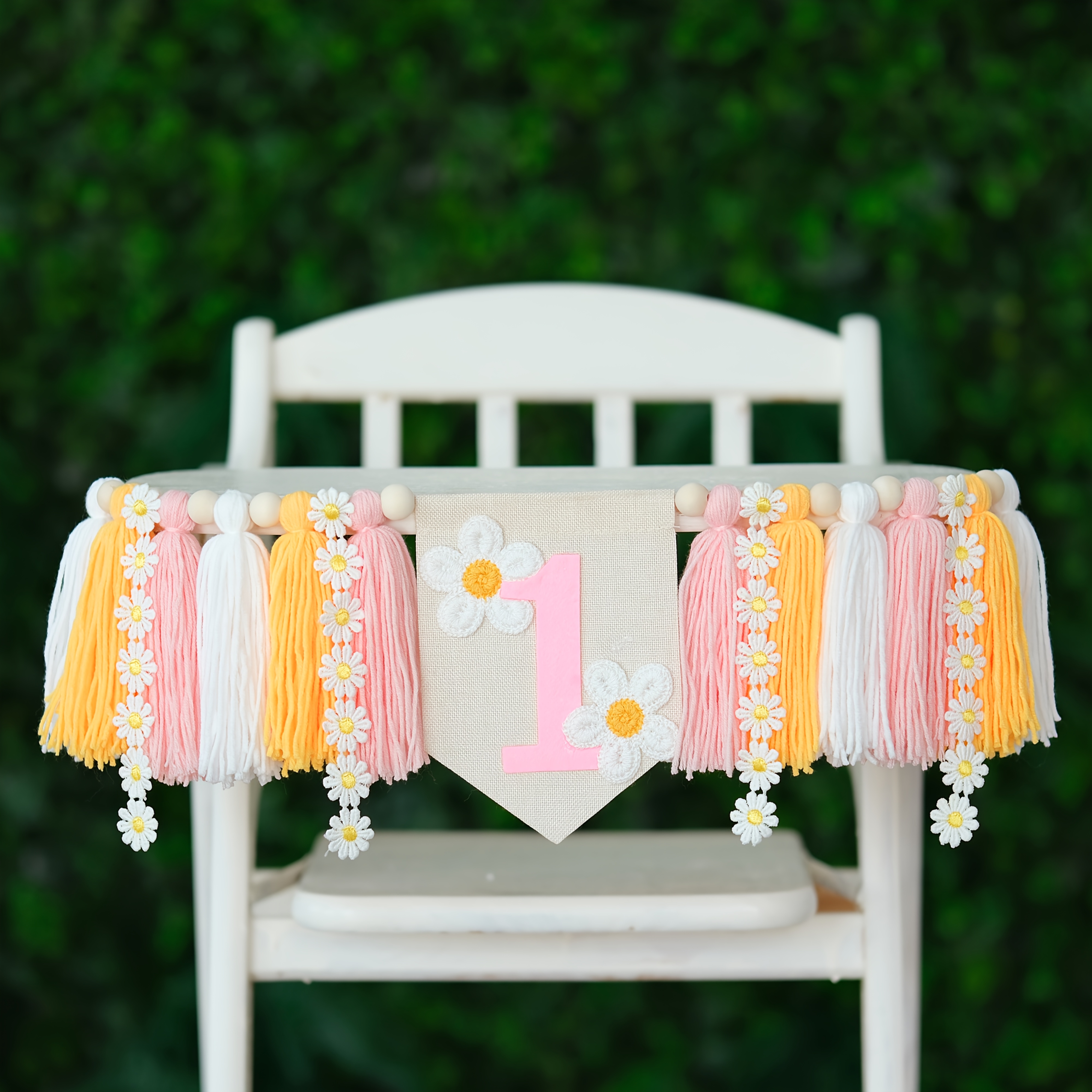 Image of Daisy Theme 1st Birthday Party Decorations, Boho Birthday Tassel Garland, Pink 1st Birthday Cake Crushed Background Banner - Party Decor Supplies, Home Decor Supplies