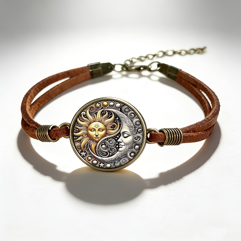 TEMU 2d Flat, Star, Moon, And 2d Pattern Bracelet, Vintage Design With A . , Presenting The Classic Scene Of The Sun And Moon Coexisting, Symbolizing