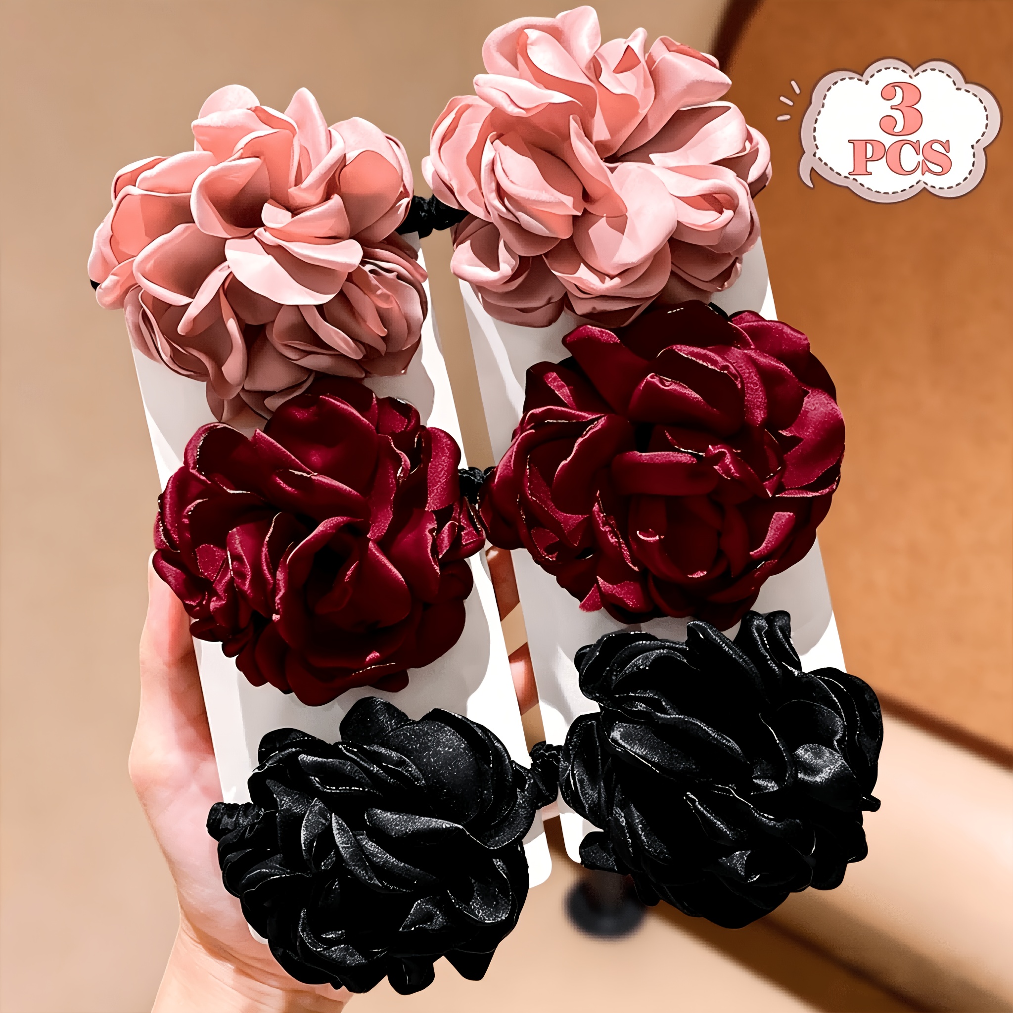 TEMU Set di 3 elastici per capelli da donna con bordo e fiori - Accessori brillanti, con elastici rotondi, disponibili in colori, adatti per