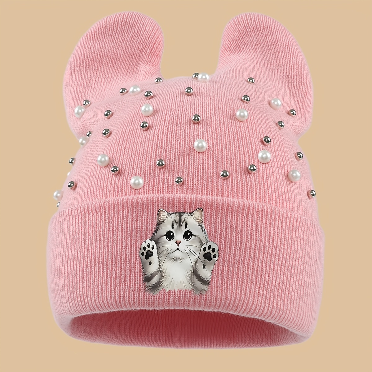 TEMU 1pc Cartoon Fashion Ear Beanie - Adorable Cute Cartoon Cat Print Design, Lightweight And Warm, Unisex. Perfect For Cat Lovers, Ideal As A Daily