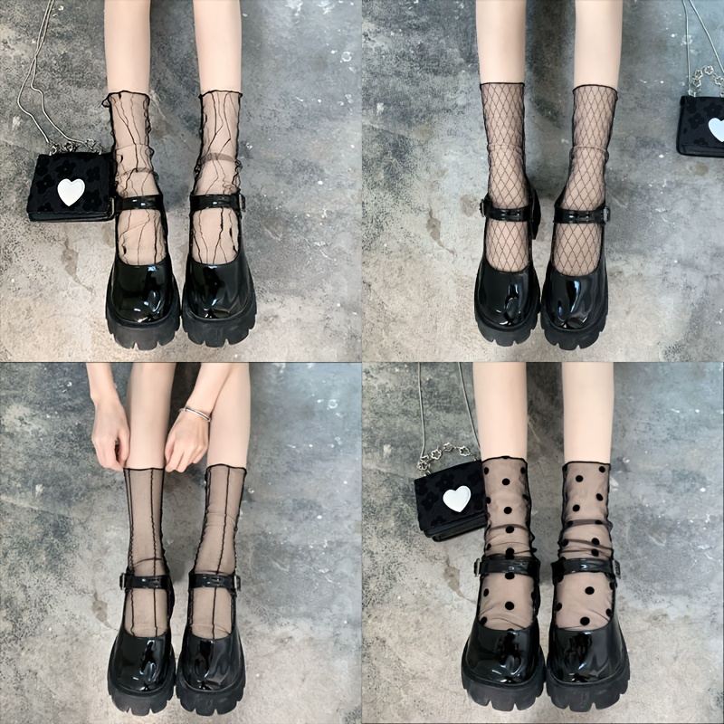 4-pair Pack Women's Spring/summer Thin Mid-calf Sheer Mesh Fishnet Stockings With Diamond Pattern Breathable Polka Dot Socks, Versatile For Everyday Use