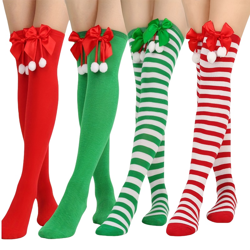 

2-pack Christmas Striped Over-the-knee Socks With Bow And Pom-poms, Holiday Themed Long Socks For Women, Party Accessories