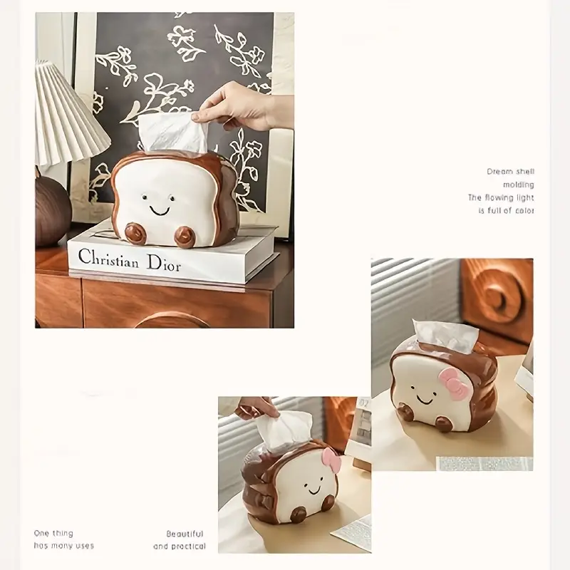 visually appealing toast shaped ceramic tissue box holder smiling bread design with pink flower detail accents living room bedroom or kitchen decor Product details 5