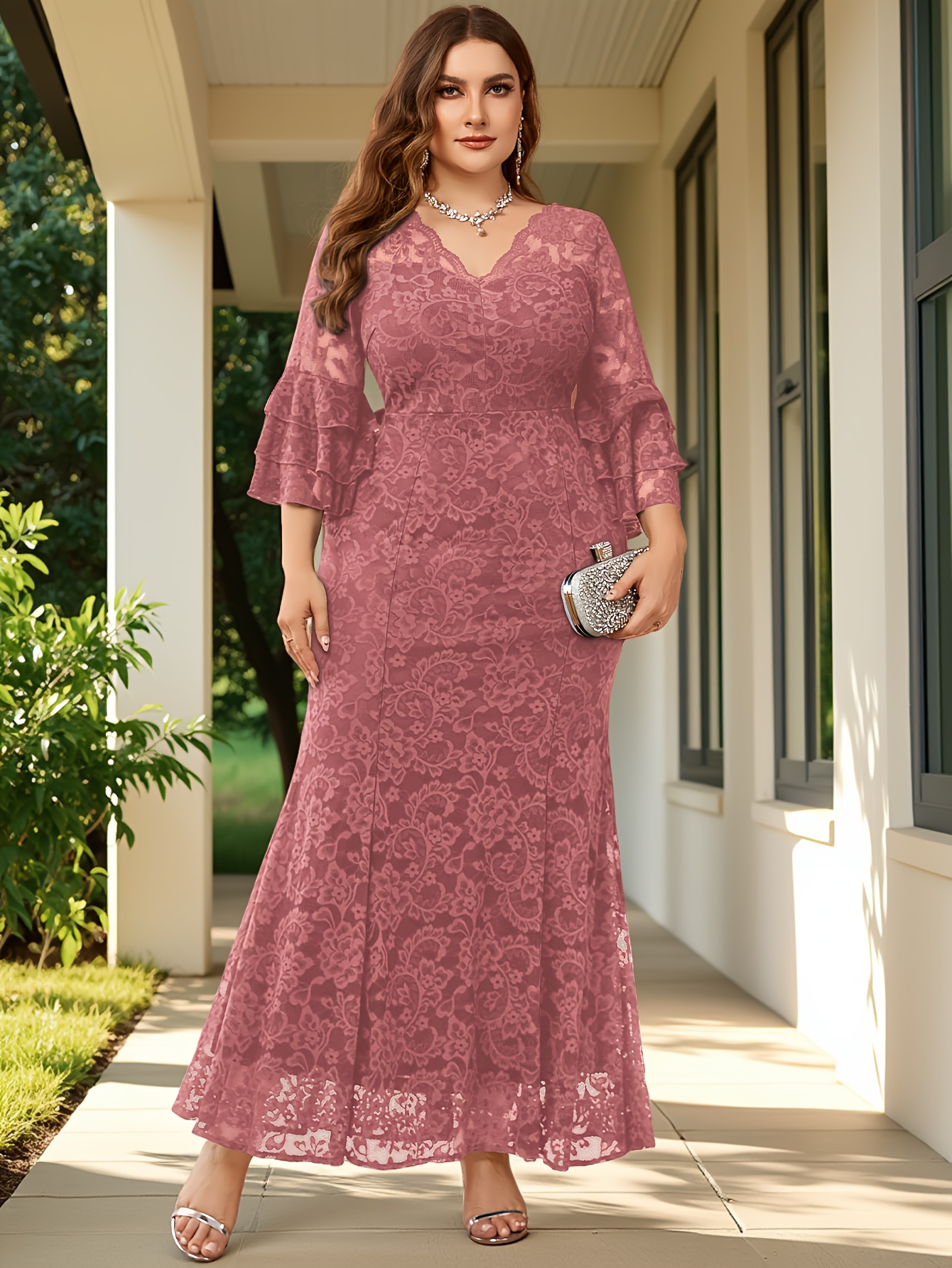 plus size plus size v neck floral lace ruffle sleeve mermaid - Temu Pakistan