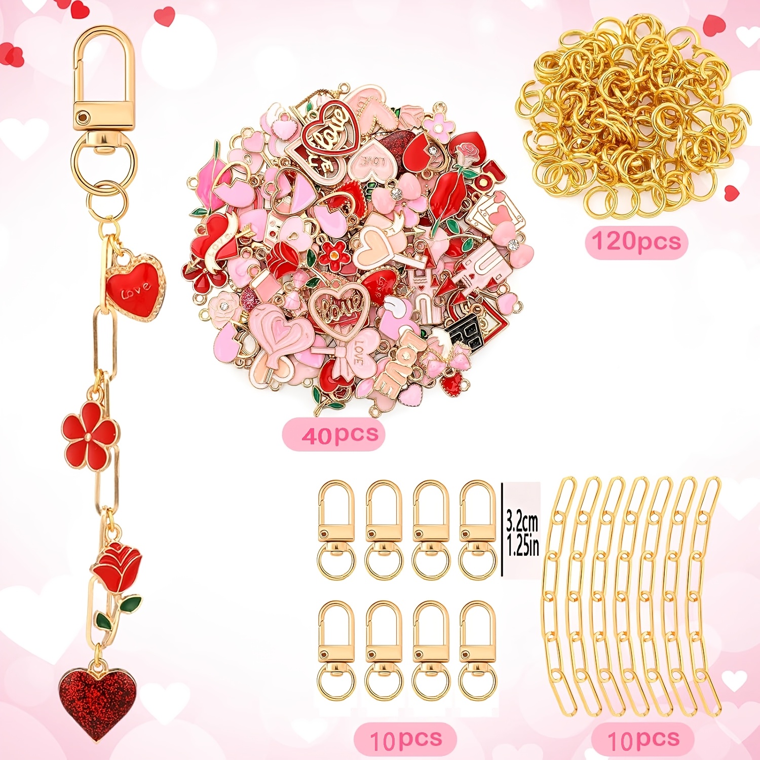 E-shop 180-teiliges DIY-Schlüsselanhänger-Set zum Valentinstag, rote pinke herzförmige , Schlüsselanhänger-Bastelset, loses Schlüsselanhänger-Set,