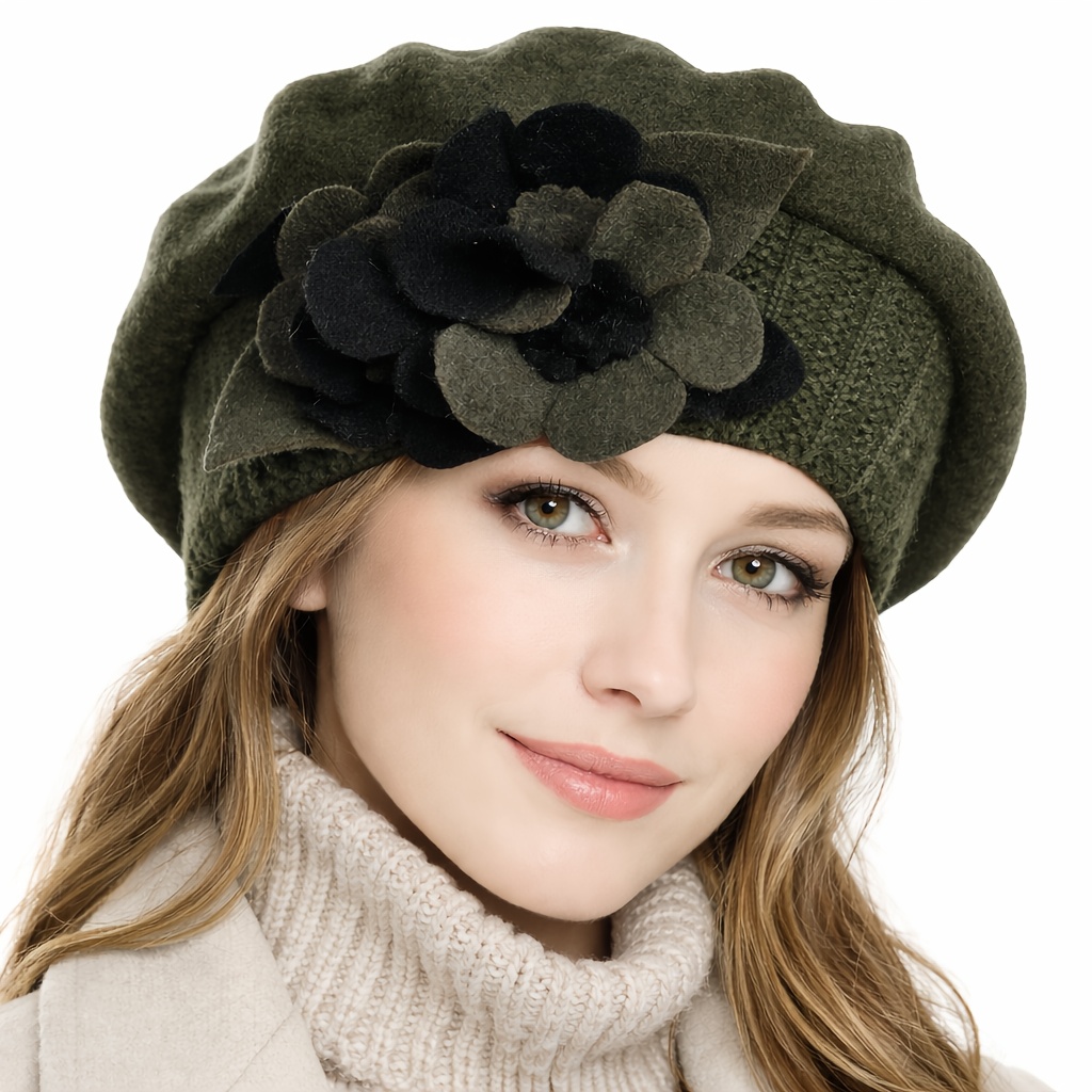 womens french beret hat wool elastic beanie floral - Temu display picture 2