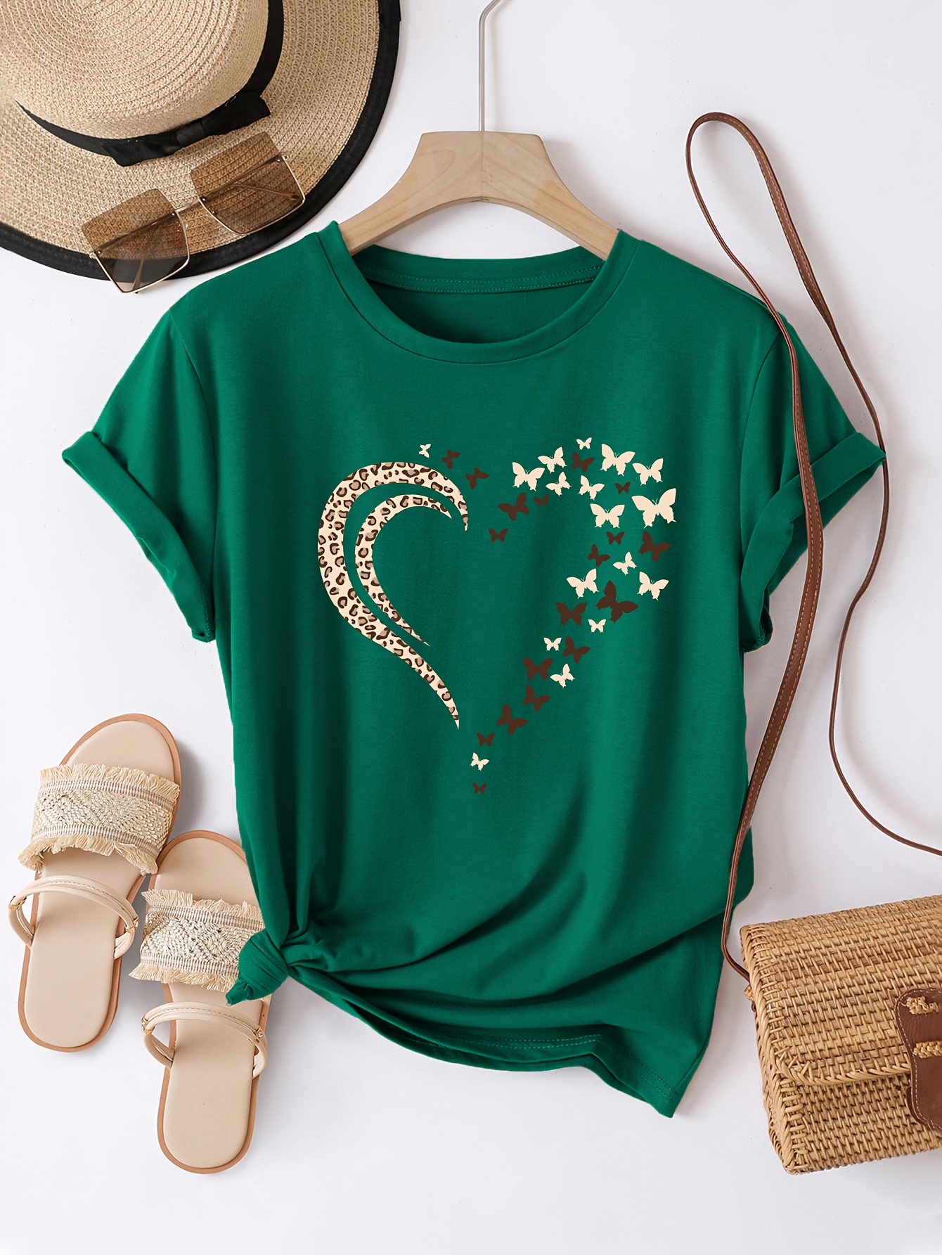 Casual Crew Neck Short Sleeve T-Shirt, Women'S Polyester Basic Round Neck Pullover, Heart Butterfly Pattern, with Slight Stretch, Regular Length and H Fit