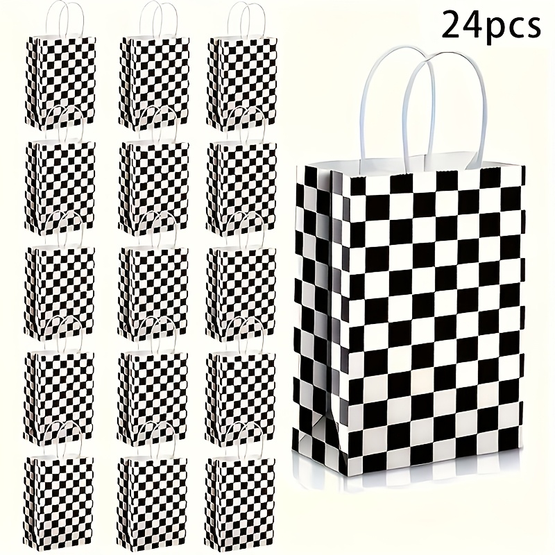 TEMU 8/12/16/24pcs Black And White Theme Party Gift Bags, And White Checkered Pattern, Paper Material With Handle, Size 16 X 8 X 22cm, Suitable For