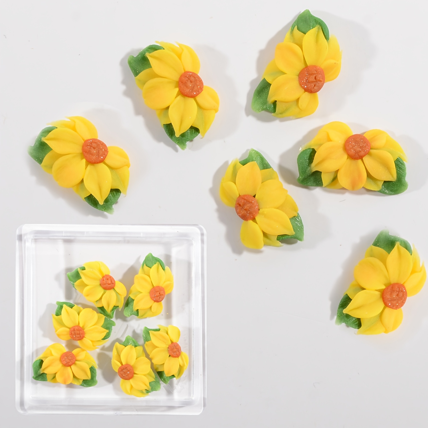 

6pcs Sunflower Nail Charms Set, Hypoallergenic Acrylic 3d Handcrafted Floral Decorations With Green Leaves, Diy Manicure Accessories For Women And Girls