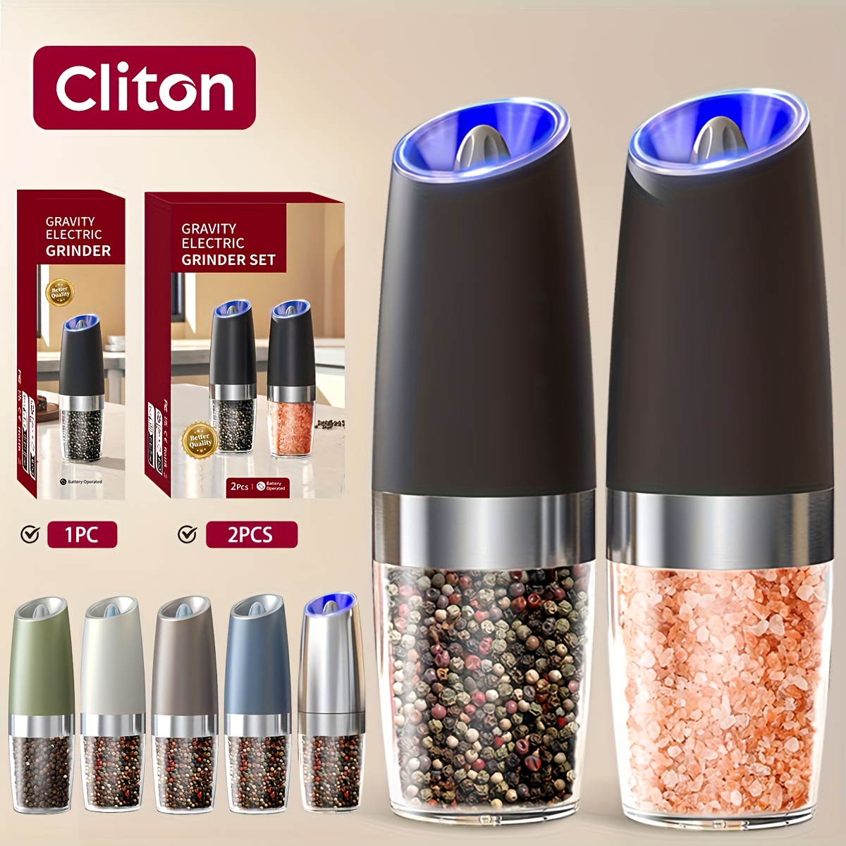 1 2pcs set gravity electric salt and pepper mill powerful pepper grinder tilt to grind automatically battery powered coarseness adjustable   large capacity easy to   hand operation kitchen essentials led light gift ideas