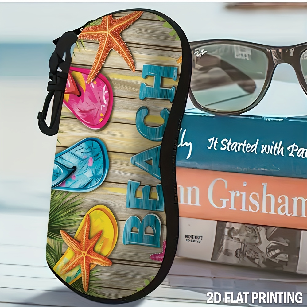 TEMU 1pc Single Size Printed Iridescent Themed Polyester Eyeglass Case - Portable Foldable Protective Eyewear Storage Box, Starfish And Slippers