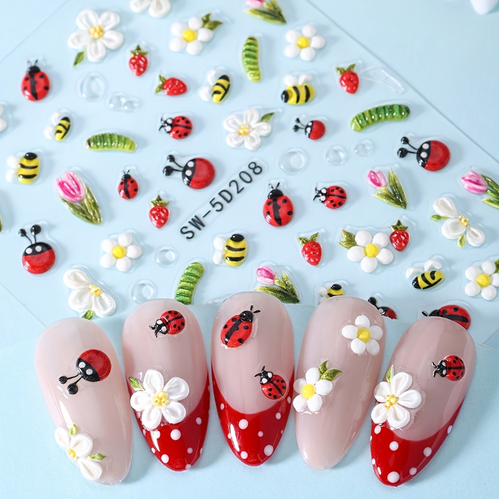 1pc Ladybug And Bee Nail Stickers, Cute Daisy And Tulip Green Leaf Nail Designs, Self-adhesive Nail Stickers, Spring And Summer Nail Decorations, Nail Supplies