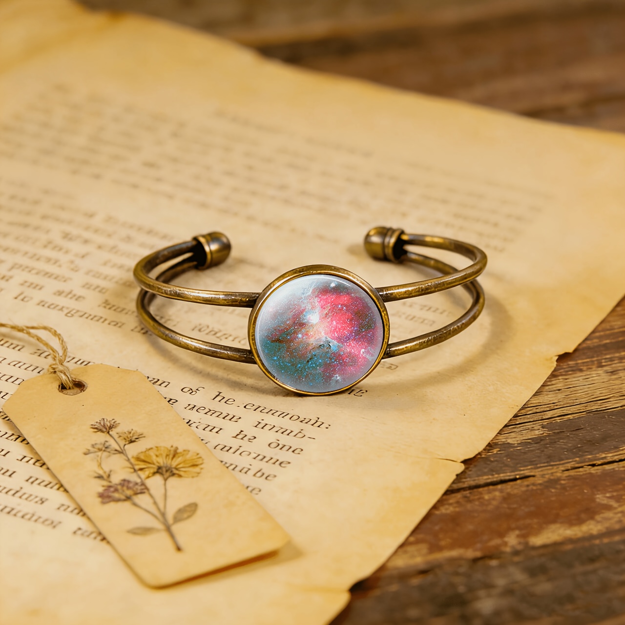 Antique Cyan Double-Layer Adjustable Opening Bracelet, Colorful Pattern