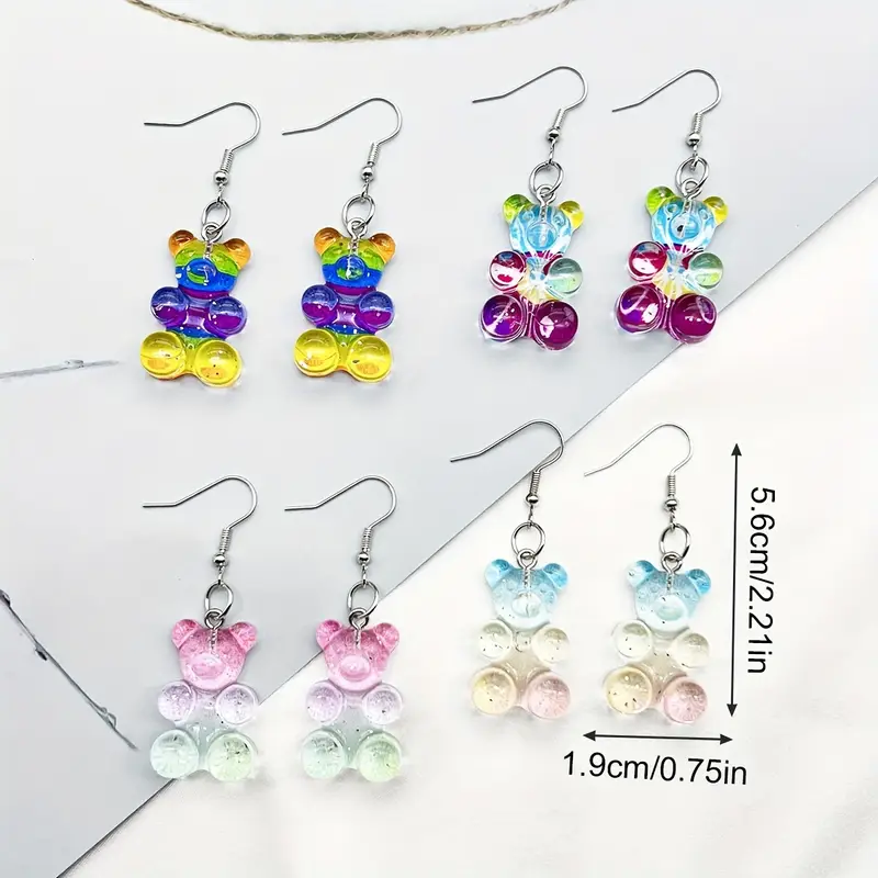 resin gummy bear earrings 4 pairs of colorful cartoon charms for everyday wear or as a gift details 0