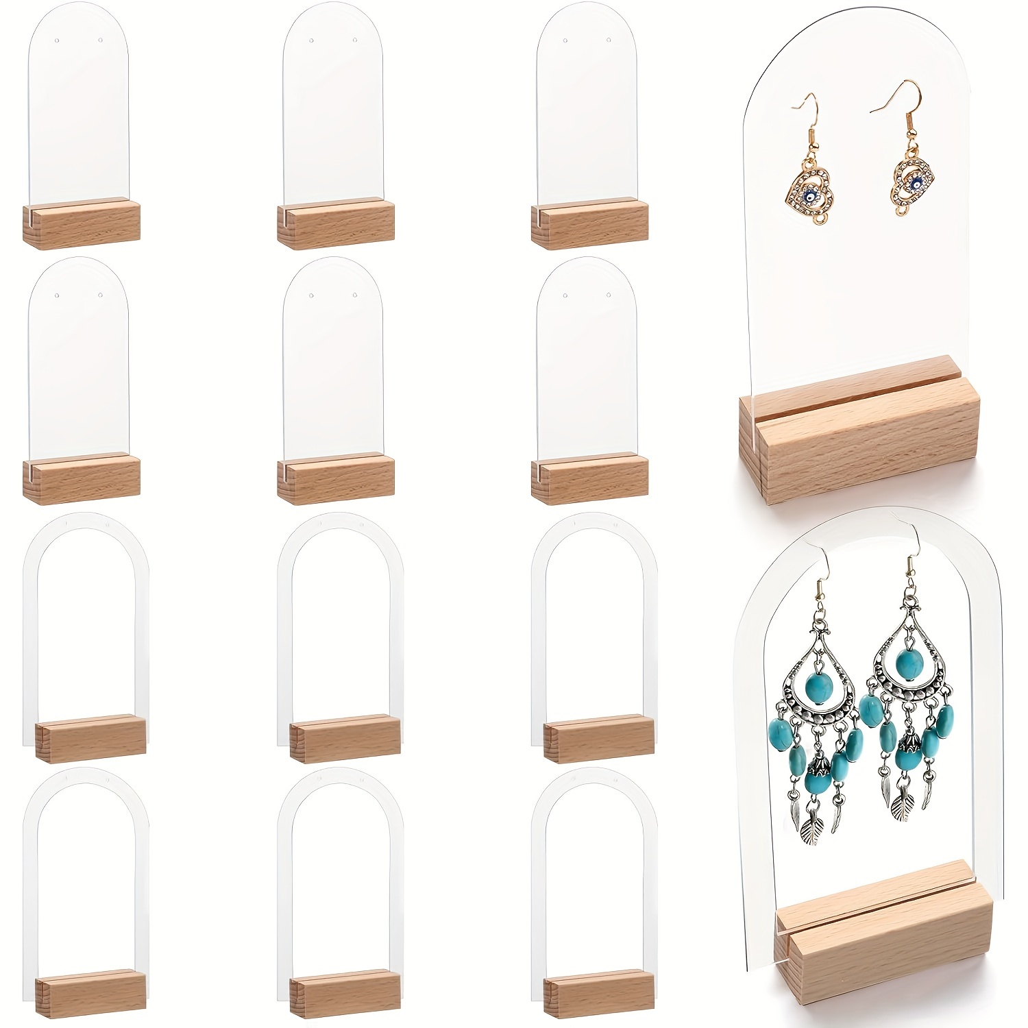 

6pcs Acrylic Earring Display Stand With Wooden Base - Arch Shape Jewelry Retail Holder For Studs And Dangle Earrings