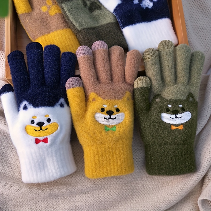 

Cozy Knit Touchscreen Gloves For Women - Cute Cartoon Inu Embroidery, Fleece-lined , Outdoor Cycling & Winter Activities