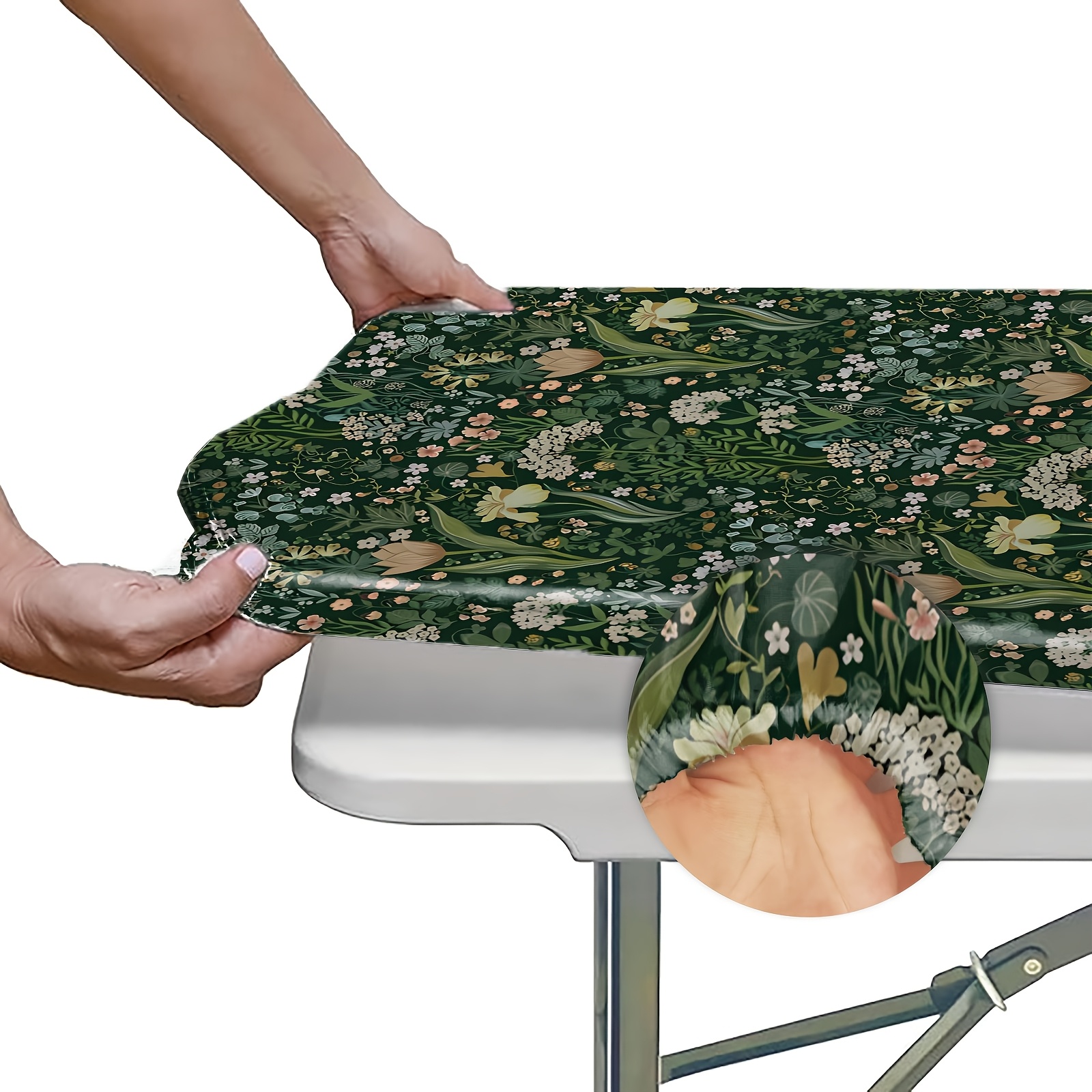 TEMU 1pc Of A 6-foot Vintage Green Table Cover Featuring Wild Plants And Flowers, Dining, Camping, Or Outdoor Patio Use During Spring And Summer.