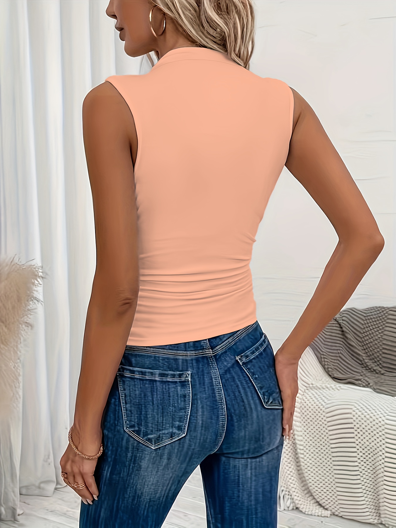 Women'S Elegant Sleeveless Vest - Vibrant Red with Ribbed Cuffs & Waist Detail, Stretchy Polyester Blend for Spring/Summer, Machine Washable, Casual Chic Style