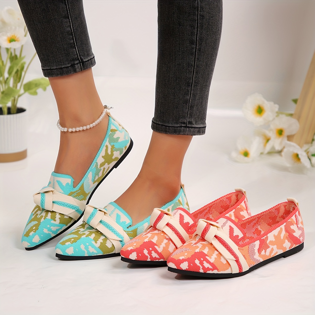 

Women's Fashionable Flat Shoes, Casual Comfort Slip-on Shoes With Bow Detail, Breathable Contrast Sole Flats