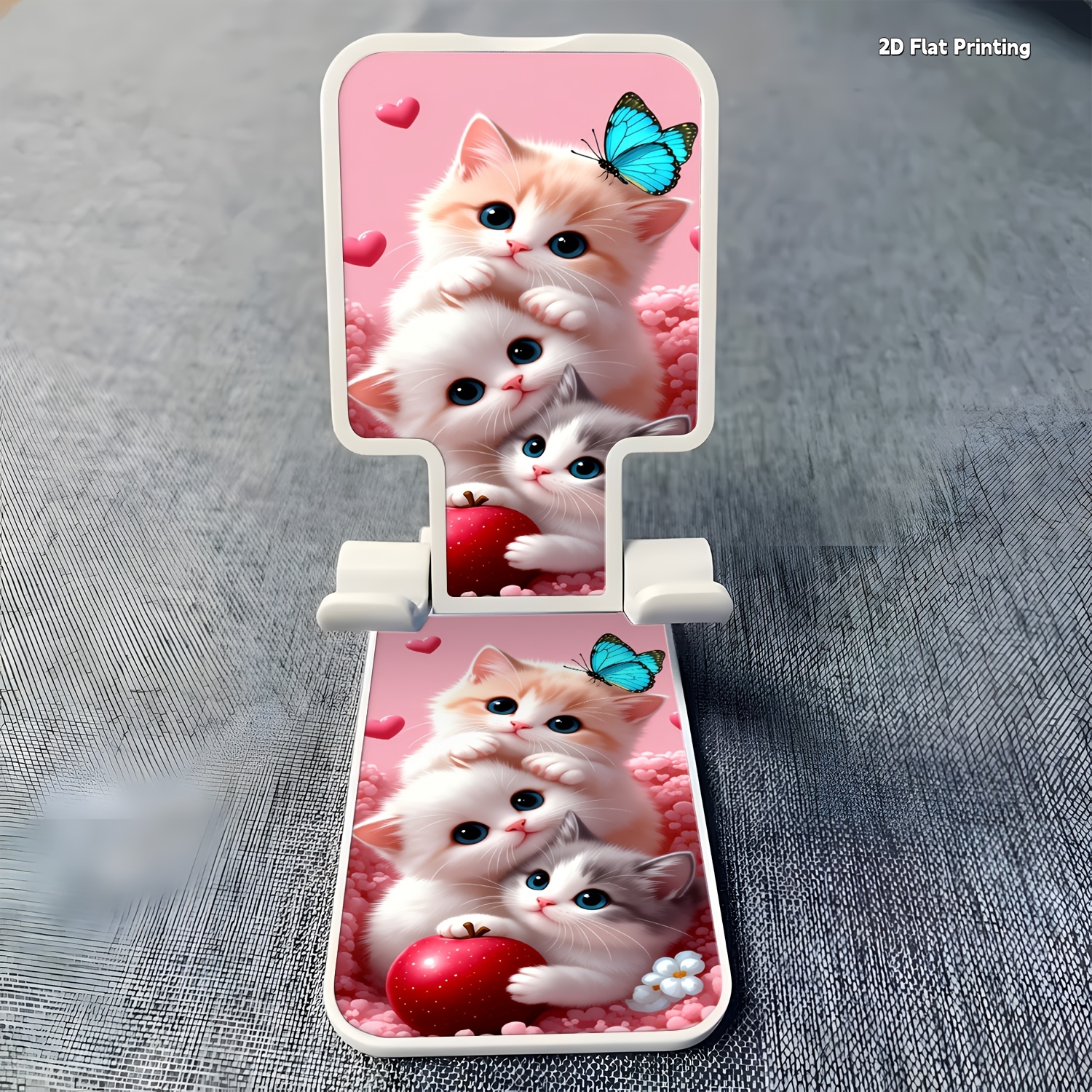 TEMU 1pc Mobile Phone Holder Adjustable Foldable Desktop Phone Stand, Cute 3 Kittens With Blue Love Heart Pattern Print, Portable Height And Angle